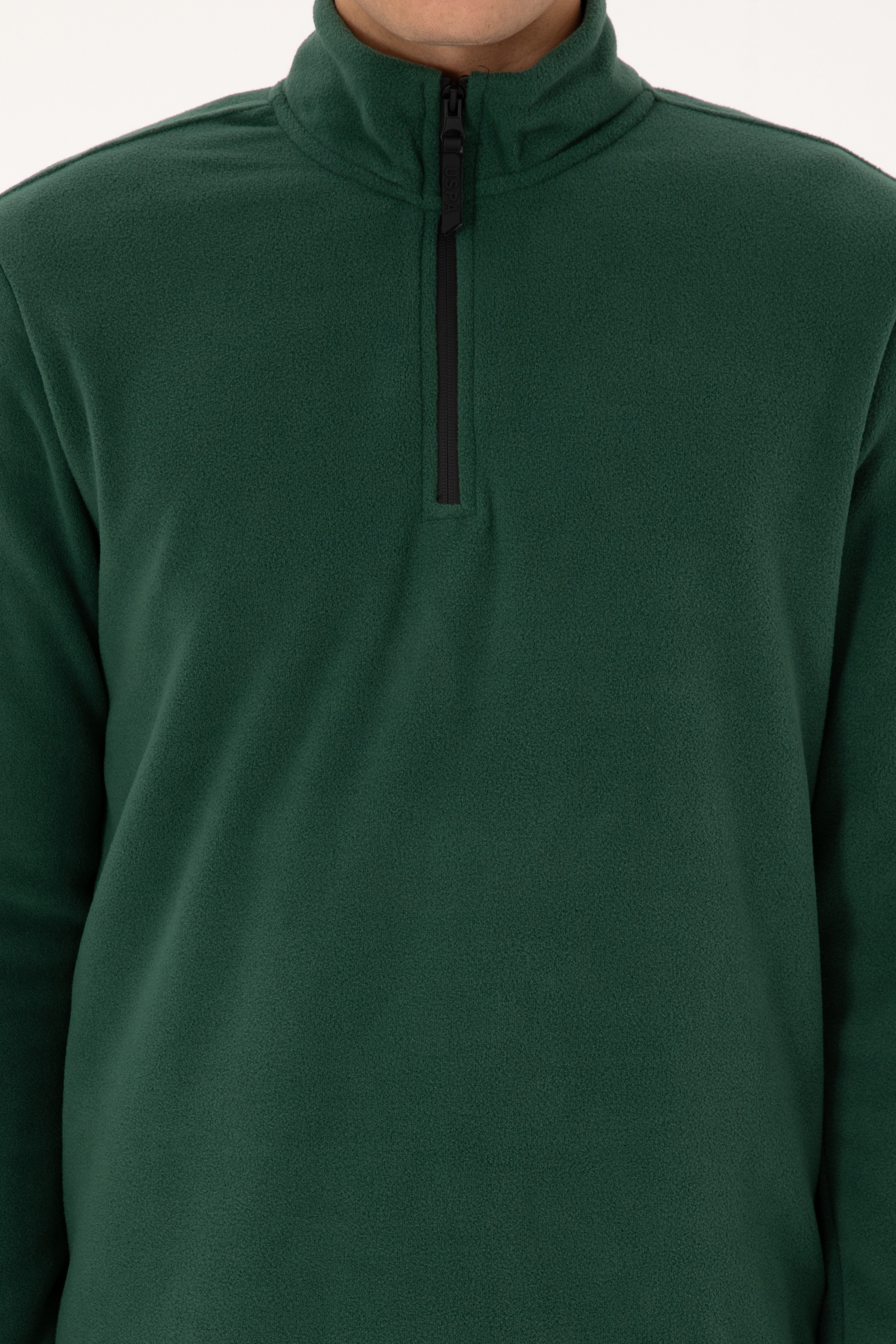 Erkek Regular Fit Koyu Yeşil Polar Yarım Fermuarlı Basic Sweatshirt