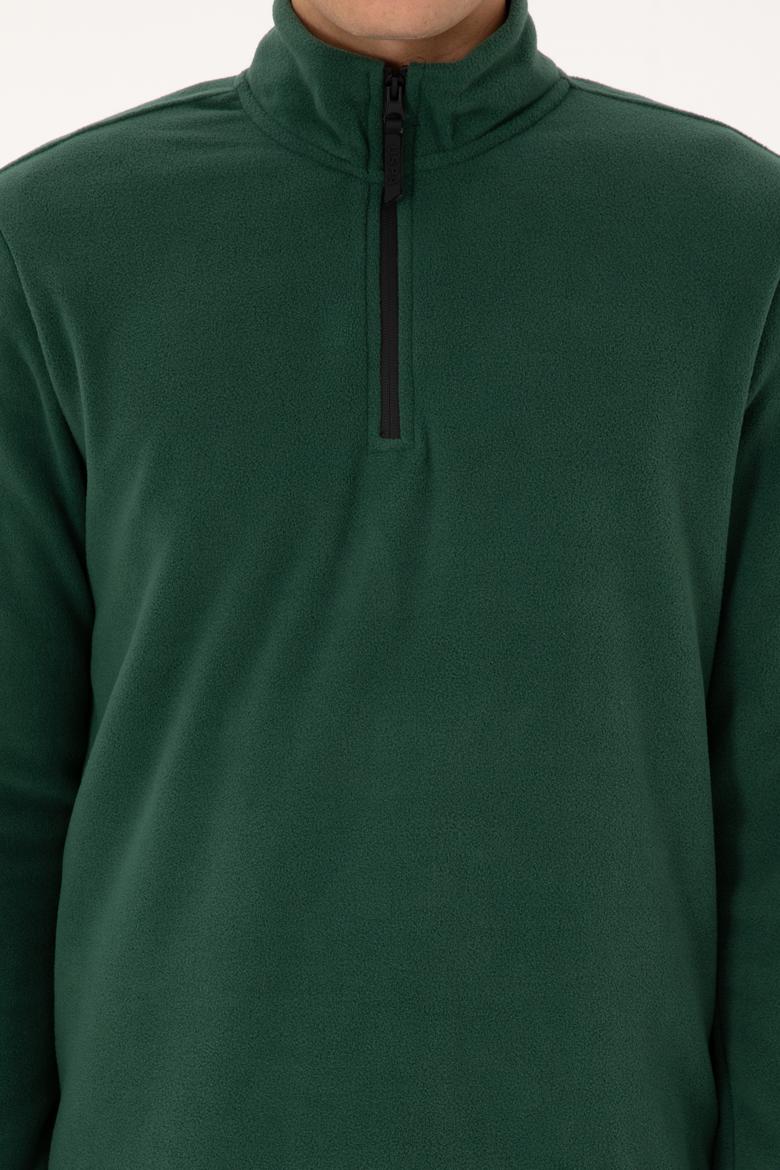 Erkek Regular Fit Koyu Yeşil Polar Yarım Fermuarlı Basic Sweatshirt - 50313777003