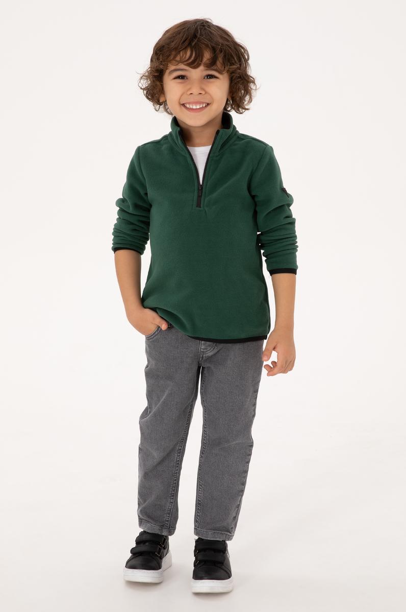 Erkek Çocuk Koyu Yeşil Yarım Fermuarlı Polar Sweatshirt