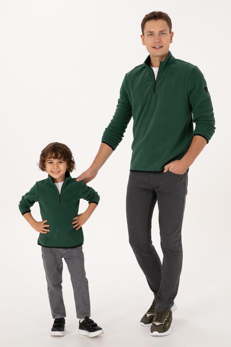 Erkek Çocuk Koyu Yeşil Yarım Fermuarlı Sweatshirt