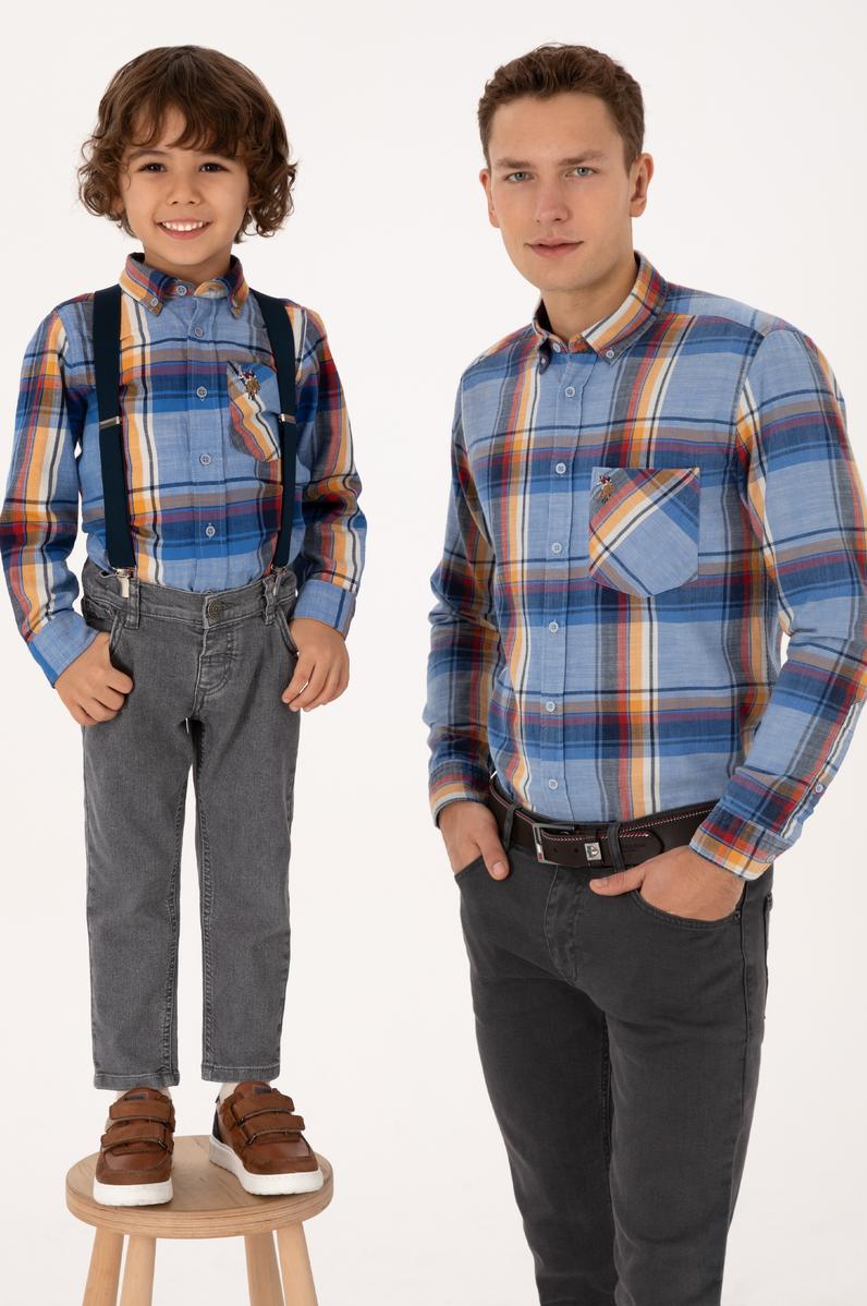 Erkek Saks Ekoseli Uzun Kollu Cepli Gömlek