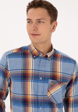 Erkek Saks Ekoseli Uzun Kollu Cepli Gömlek - 50308481008
