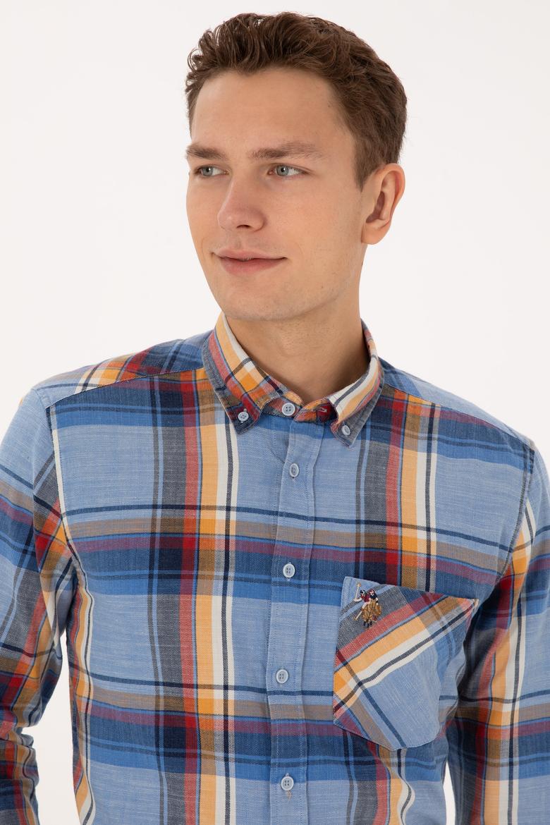 Erkek Saks Ekoseli Uzun Kollu Cepli Gömlek - 50308481008