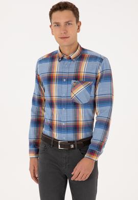 Erkek Saks Ekoseli Uzun Kollu Cepli Gömlek - 50308481008