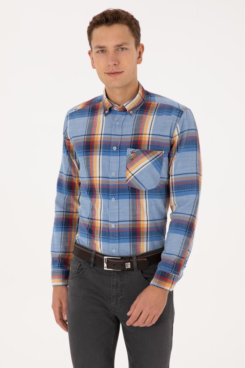 Erkek Saks Ekoseli Uzun Kollu Cepli Gömlek - 50308481008