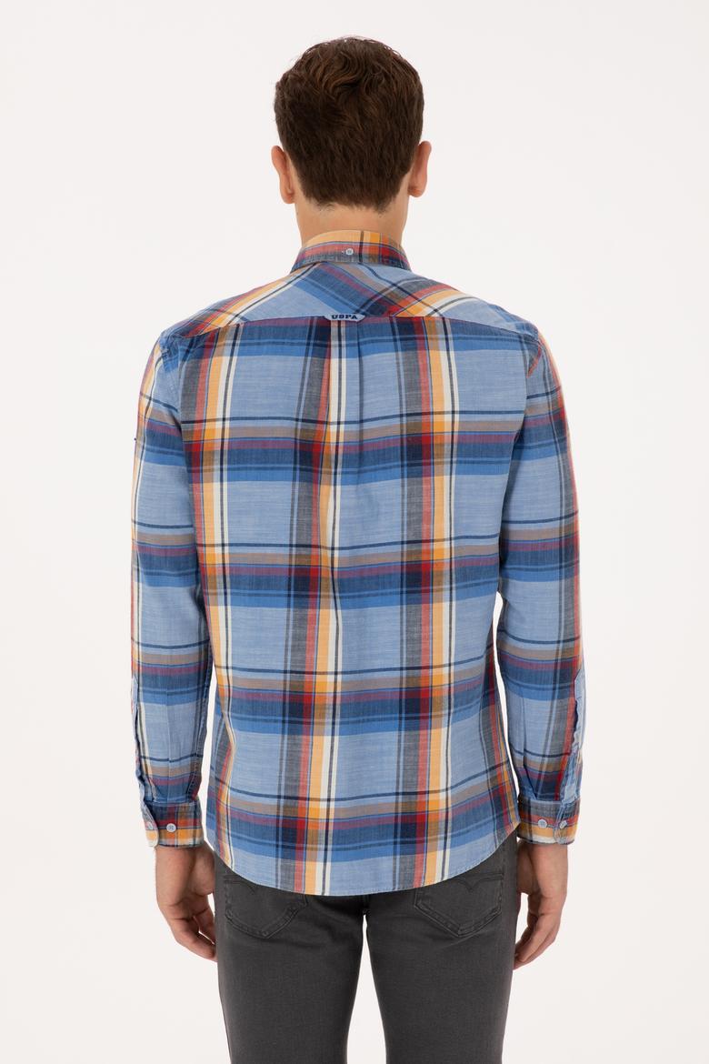 Erkek Saks Ekoseli Uzun Kollu Cepli Gömlek - 50308481008