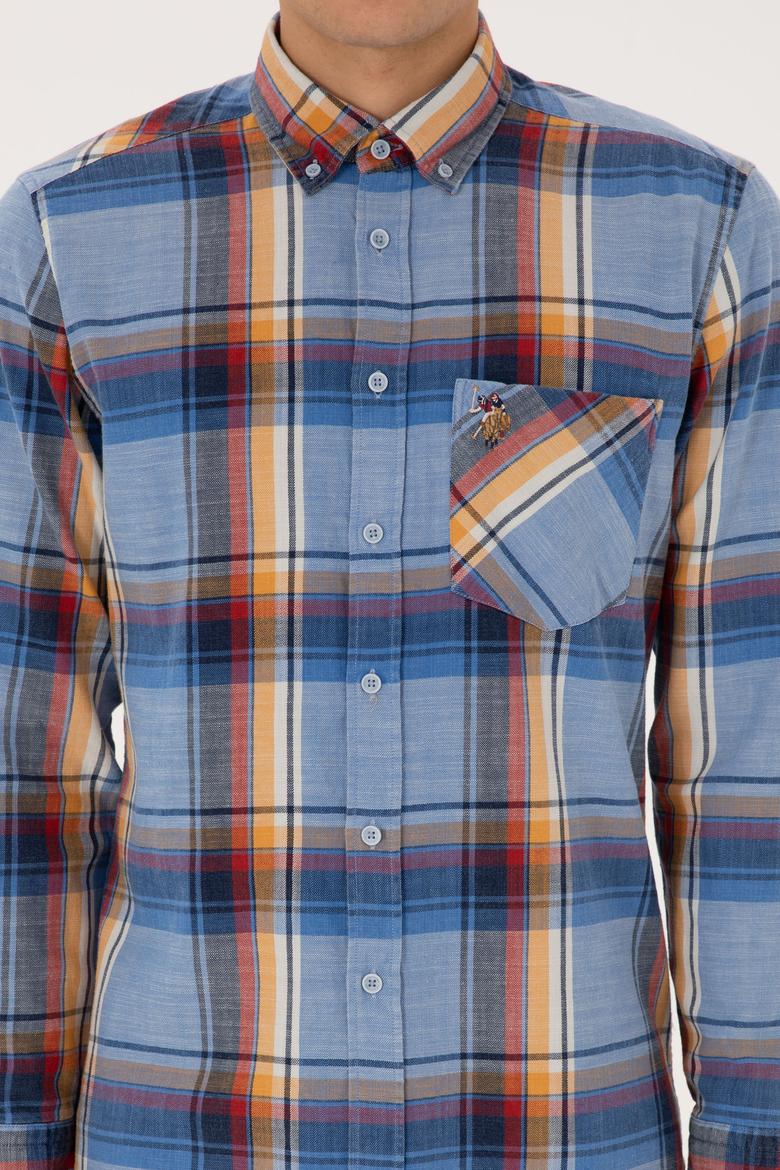 Erkek Saks Ekoseli Uzun Kollu Cepli Gömlek - 50308481008