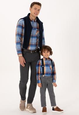 Erkek Saks Ekoseli Uzun Kollu Cepli Gömlek - 50308481008