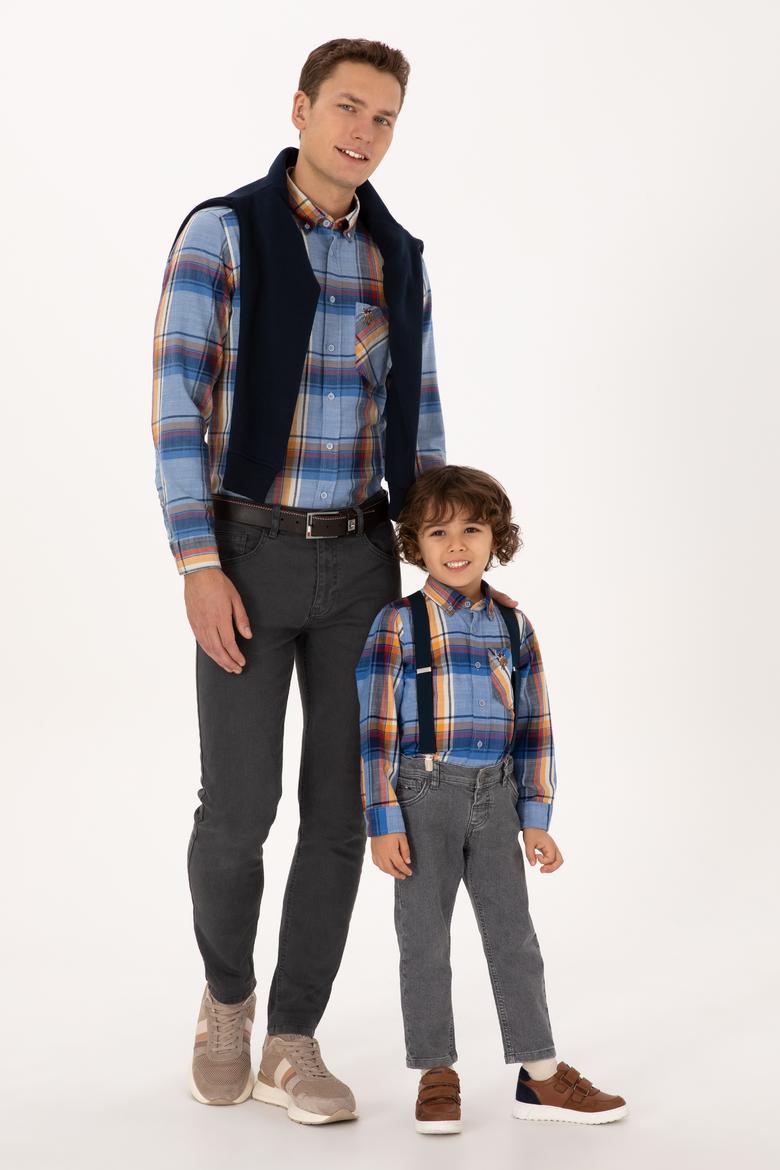 Erkek Saks Ekoseli Uzun Kollu Cepli Gömlek