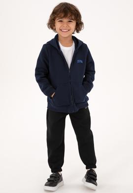Erkek Çocuk Lacivert Fermuarlı Şardonlu Kapüşonlu Örme Hırka - 50313852009