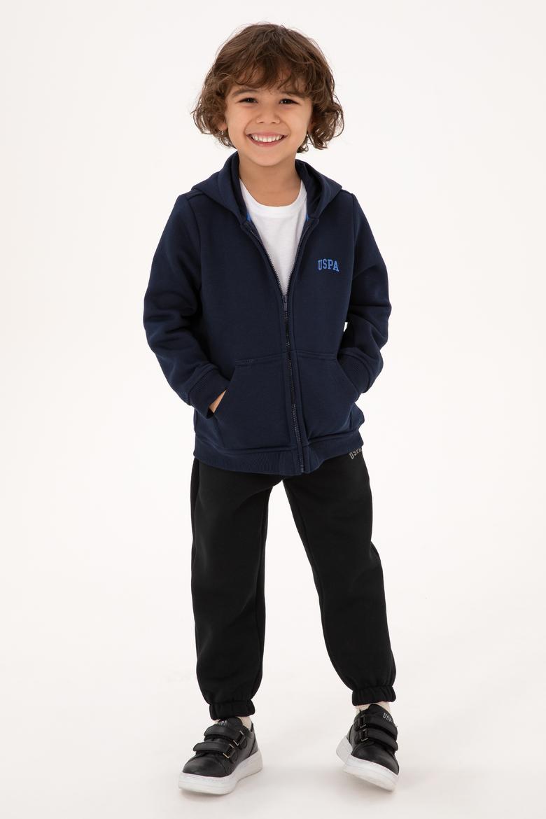 Erkek Çocuk Lacivert Fermuarlı Şardonlu Kapüşonlu Örme Hırka - 50313852009