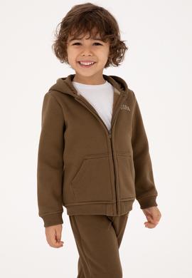 Erkek Çocuk Haki Fermuarlı Şardonlu Kapüşonlu Örme Hırka - 50313852034