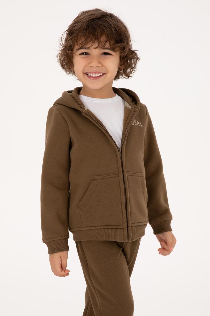 Erkek Çocuk Haki Fermuarlı Şardonlu Kapüşonlu Örme Hırka