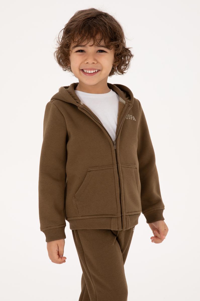 Erkek Çocuk Haki Fermuarlı Şardonlu Kapüşonlu Örme Hırka