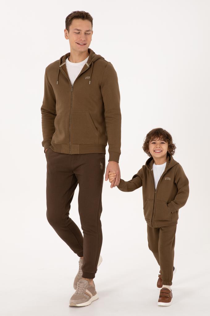 Erkek Çocuk Haki Fermuarlı Şardonlu Kapüşonlu Örme Hırka