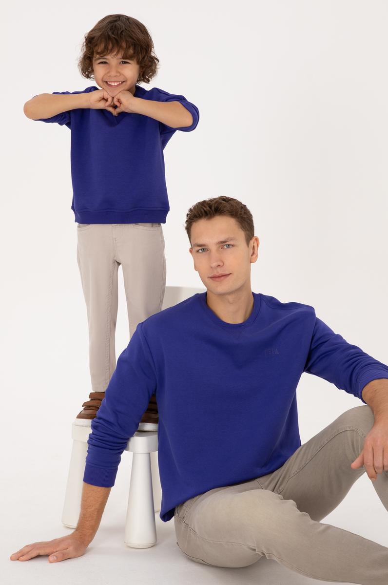 Erkek Comfort Fit Bisiklet Yaka Şardonlu Mor Basic Sweatshirt