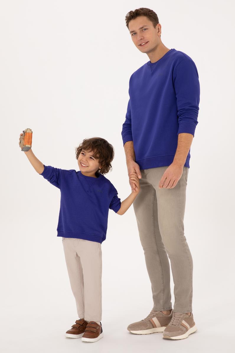 Erkek Comfort Fit Bisiklet Yaka Şardonlu Mor Basic Sweatshirt