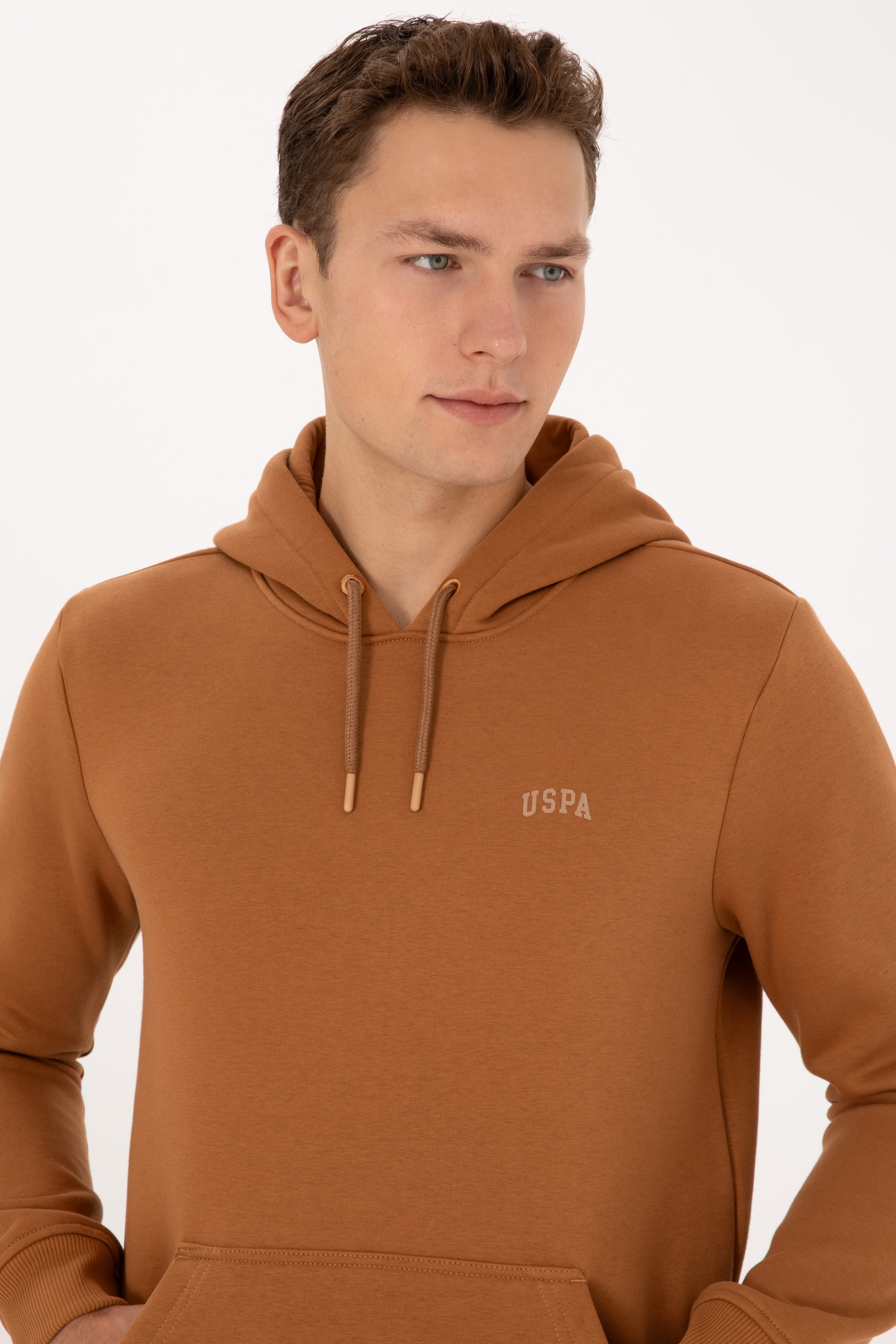 Erkek Regular Fit Kapüşonlu Şardonlu Camel Basic Sweatshirt
