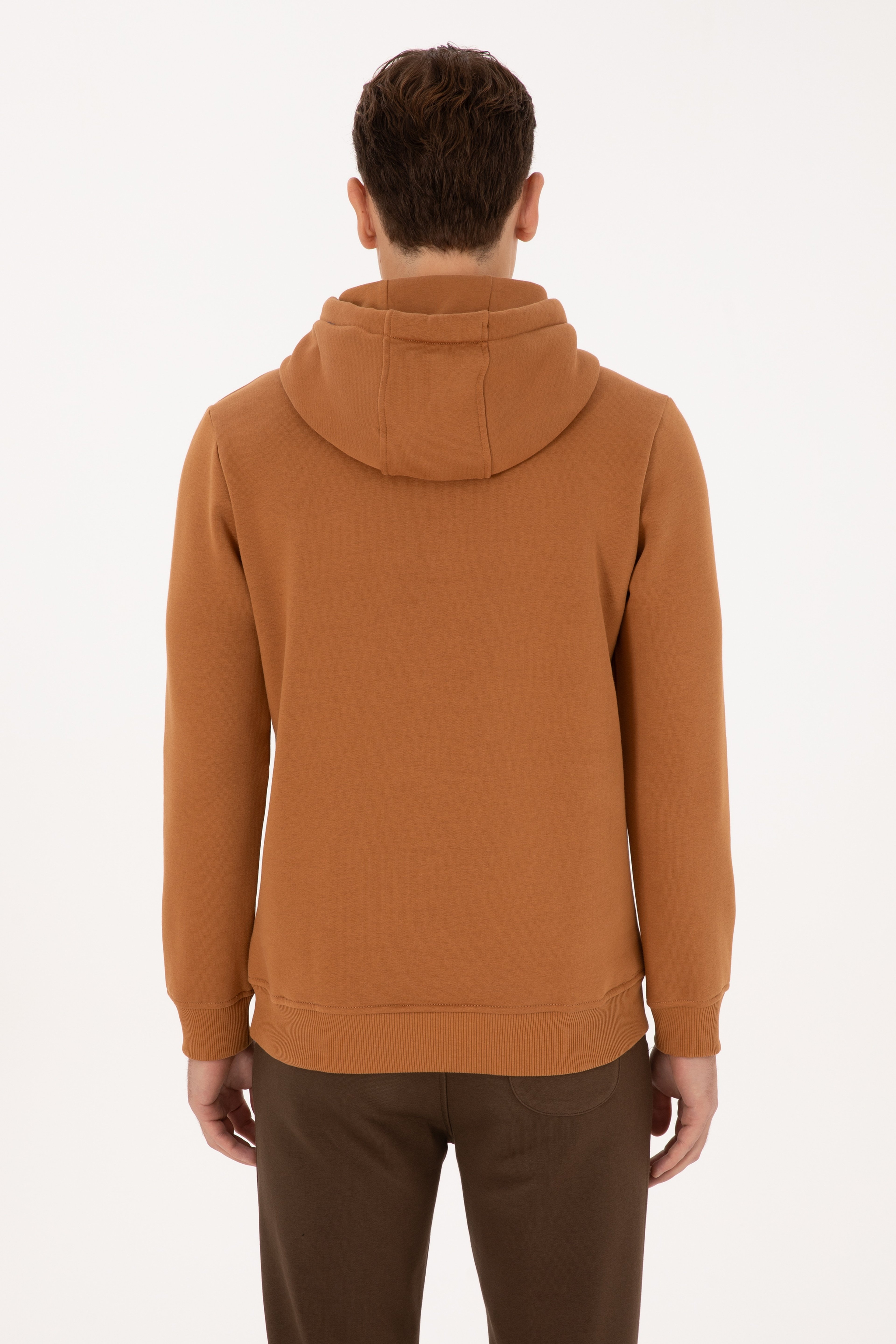 Erkek Regular Fit Kapüşonlu Şardonlu Camel Basic Sweatshirt - Image 5