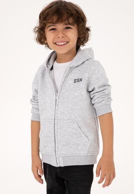 Erkek Çocuk Açık Gri Fermuarlı Şardonlu Kapüşonlu Örme Hırka - 50313852167