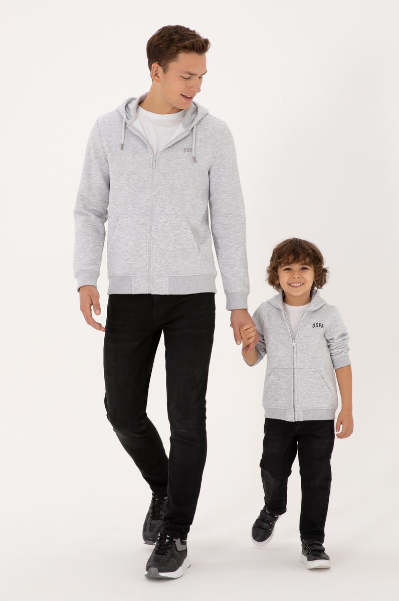 Erkek Çocuk Açık Gri Örme Fermuarlı Kapüşonlu Hırka