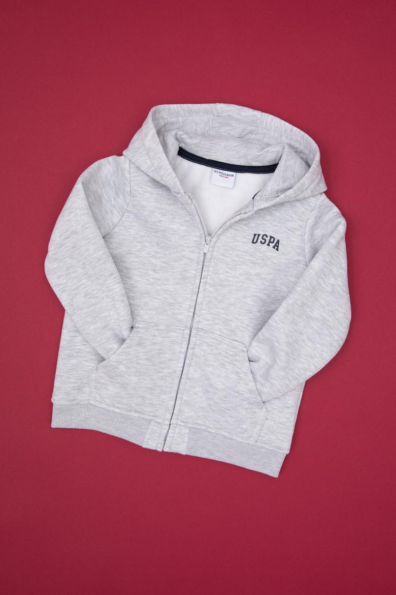 Erkek Çocuk Açık Gri Fermuarlı Şardonlu Kapüşonlu Örme Hırka - 50313852167