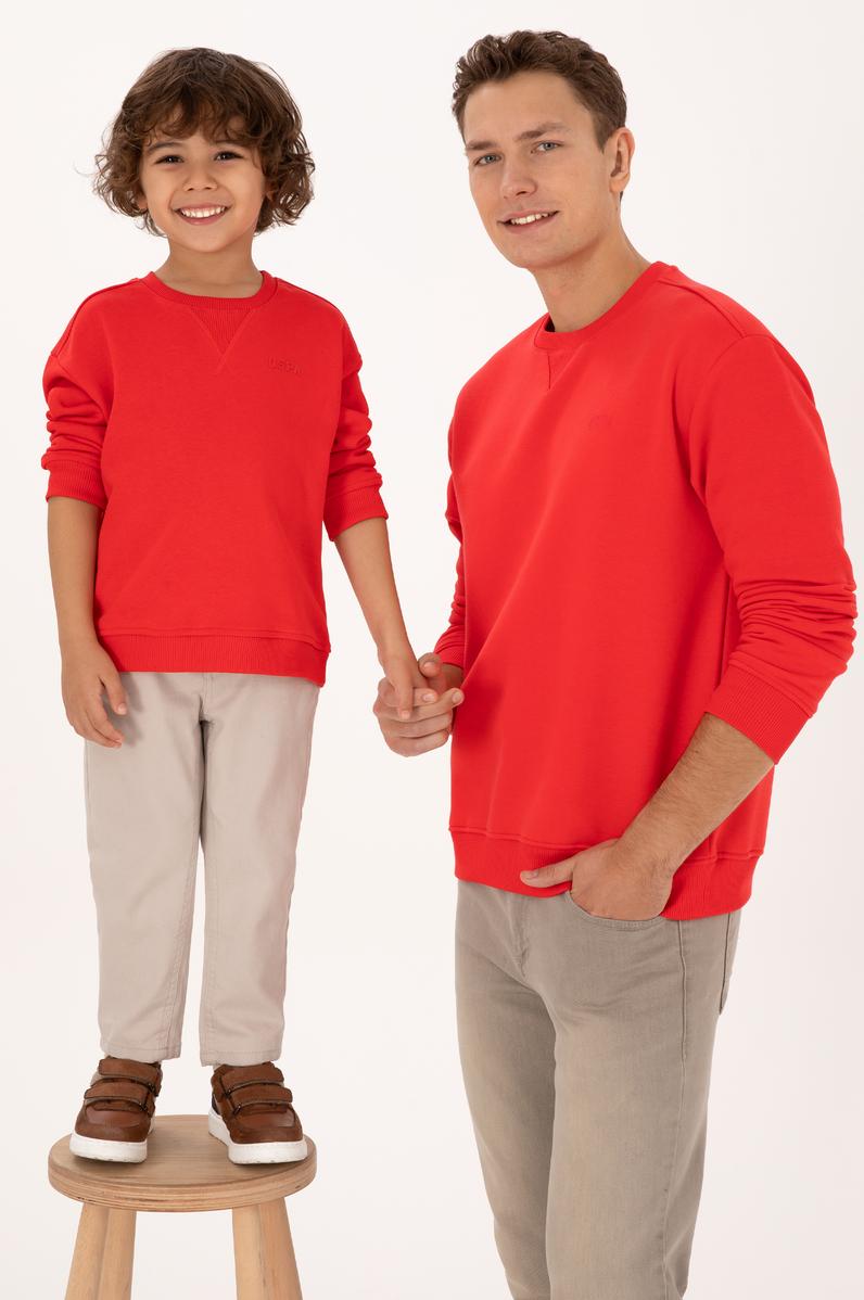 Erkek Comfort Fit Bisiklet Yaka Şardonlu Kırmızı Basic Sweatshirt