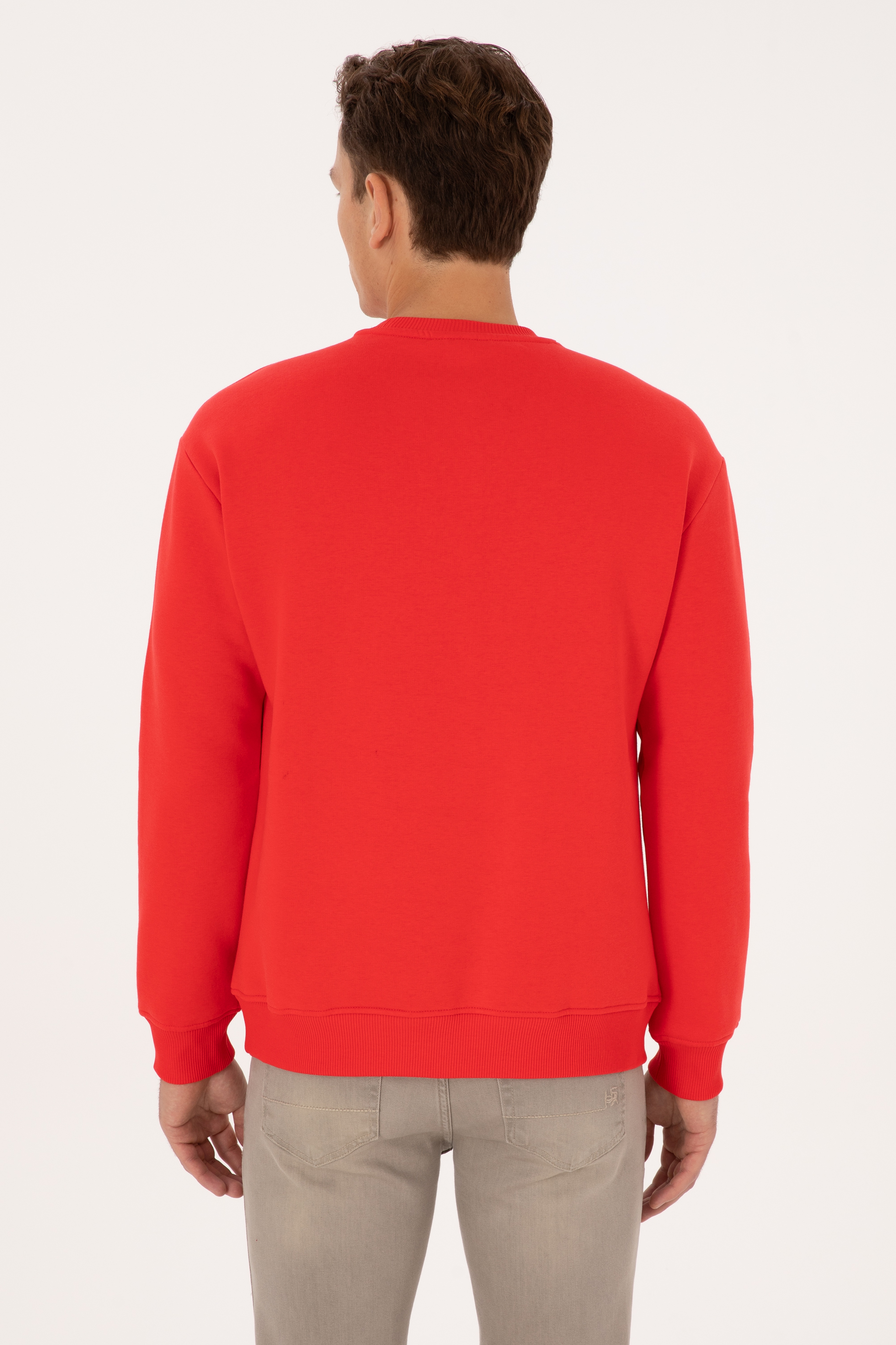 Erkek Comfort Fit Bisiklet Yaka Şardonlu Kırmızı Basic Sweatshirt