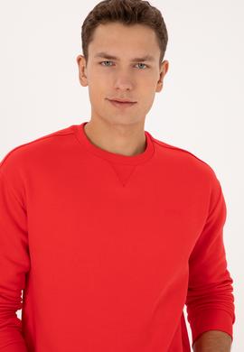 Erkek Comfort Fit Bisiklet Yaka Şardonlu Kırmızı Basic Sweatshirt - 50313757261