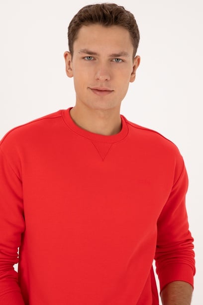 Erkek Comfort Fit Bisiklet Yaka Şardonlu Kırmızı Basic Sweatshirt