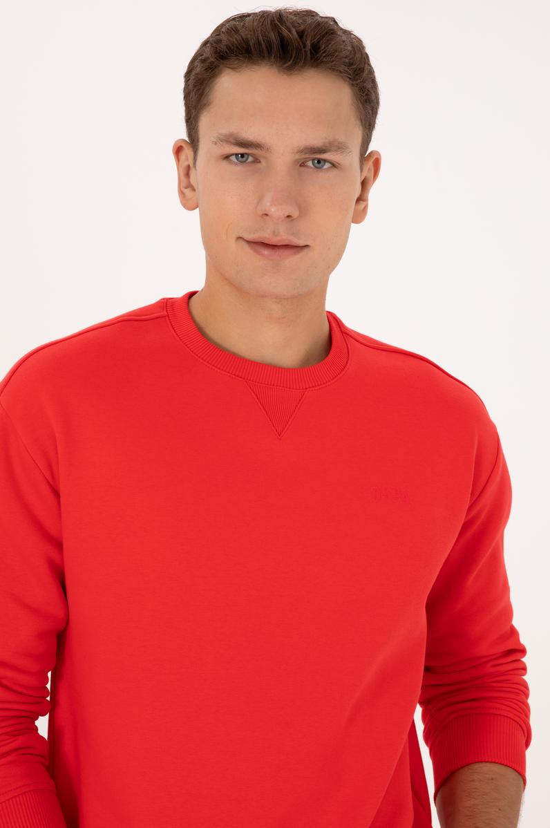 Erkek Comfort Fit Bisiklet Yaka Şardonlu Kırmızı Basic Sweatshirt