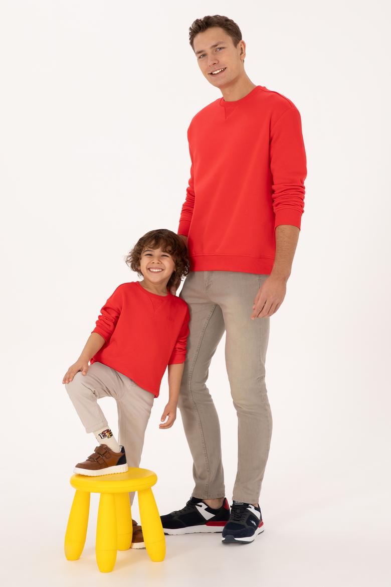 Erkek Comfort Fit Bisiklet Yaka Şardonlu Kırmızı Basic Sweatshirt