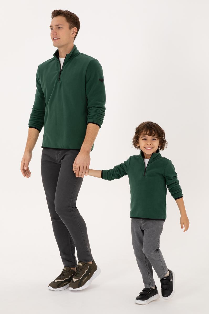 Erkek Regular Fit Koyu Yeşil Polar Yarım Fermuarlı Basic Sweatshirt
