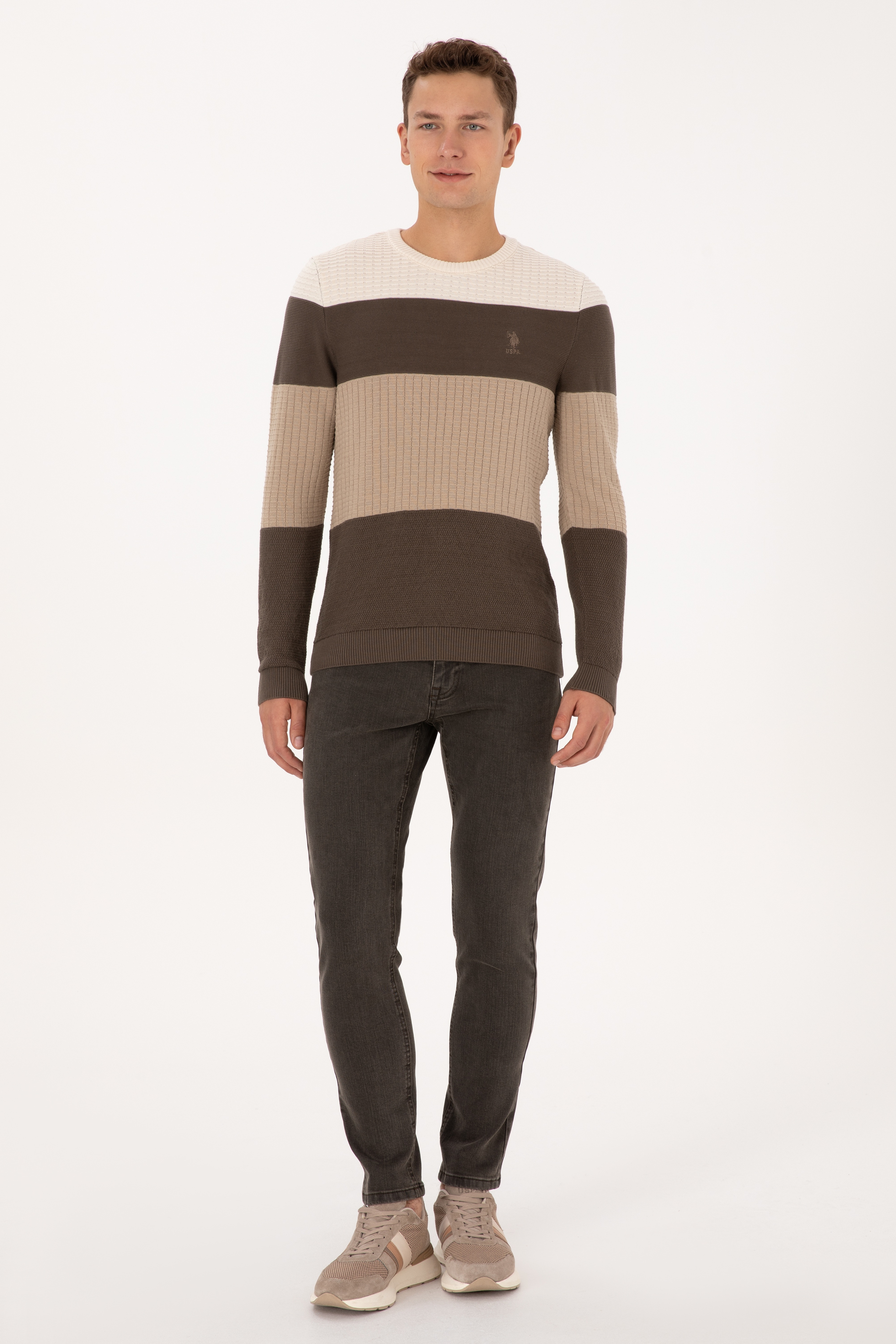 Erkek Regular Fit Bisiklet Yaka Vizon Sweatshirt