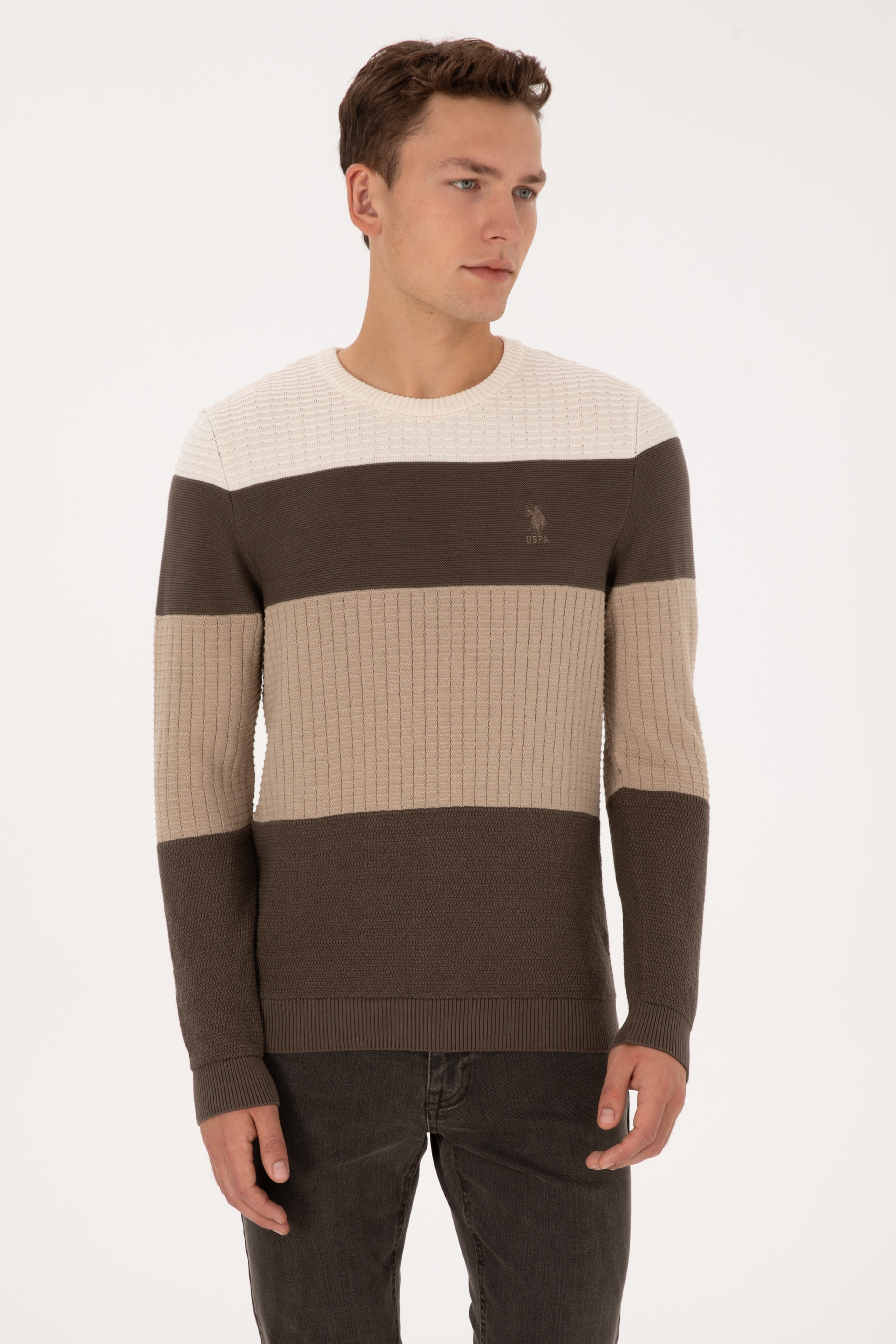 Erkek Regular Fit Bisiklet Yaka Vizon Sweatshirt