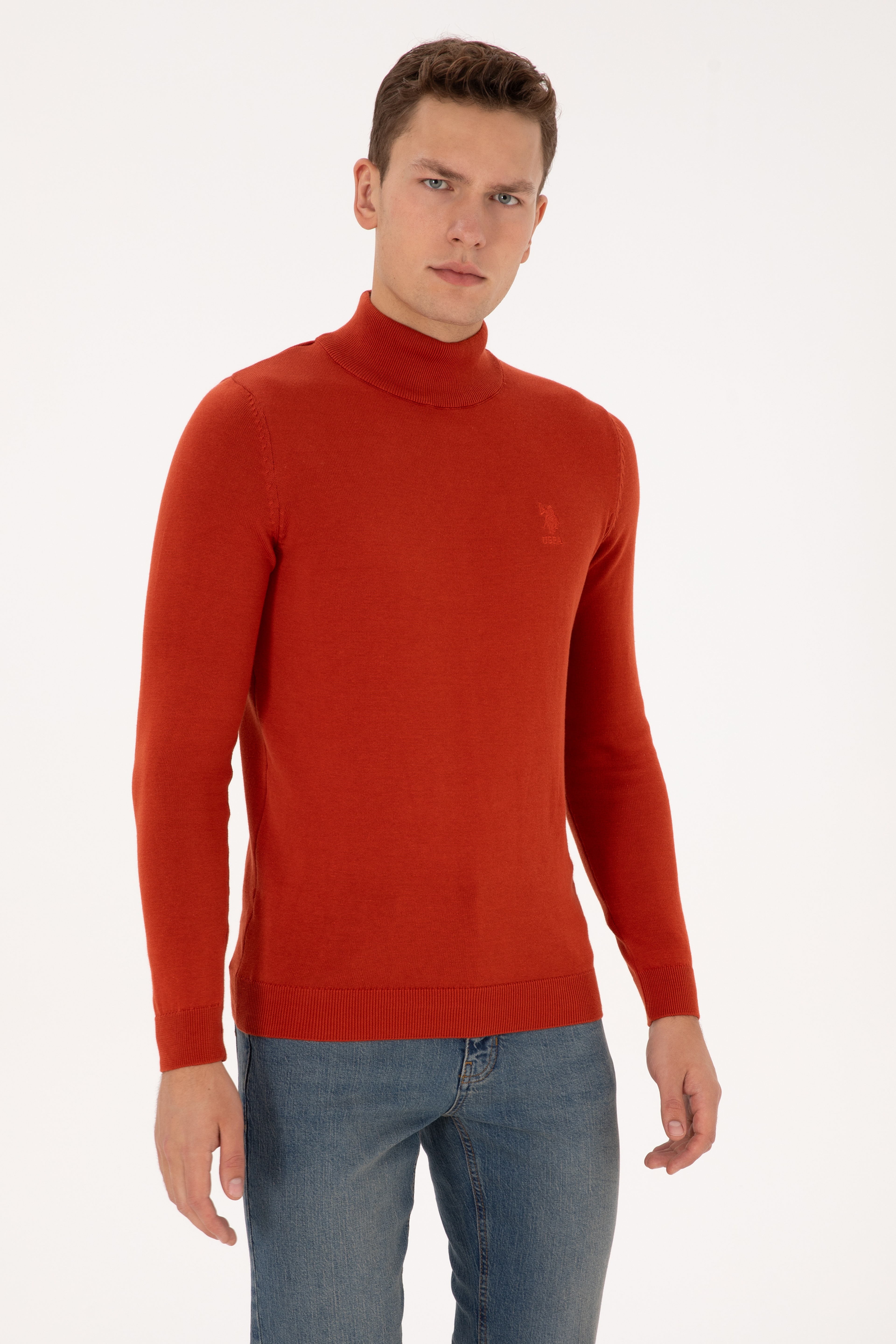 Erkek Slim Fit Yarım Balıkçı Yaka Kiremit Basic Kazak