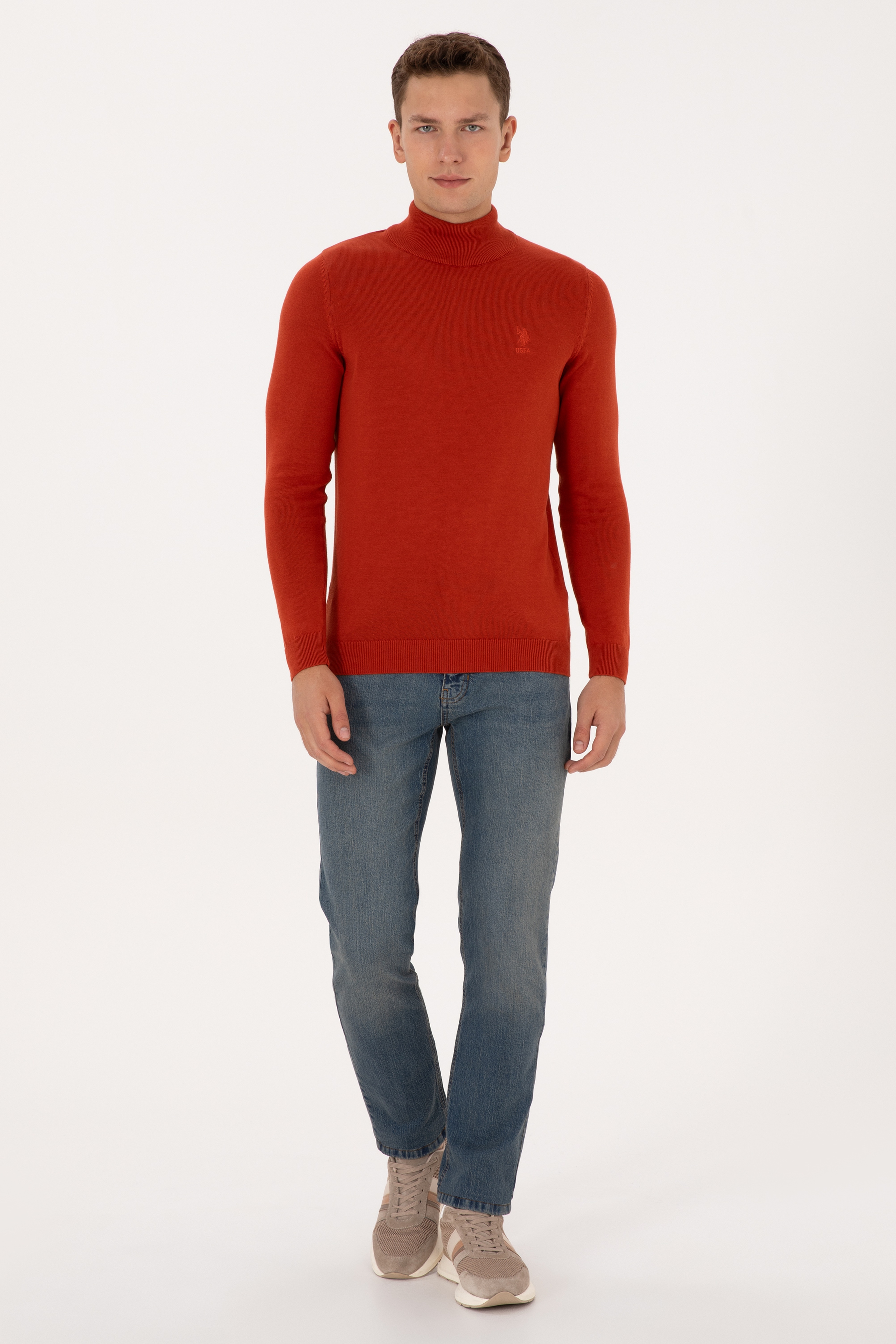 Erkek Slim Fit Yarım Balıkçı Yaka Kiremit Basic Kazak