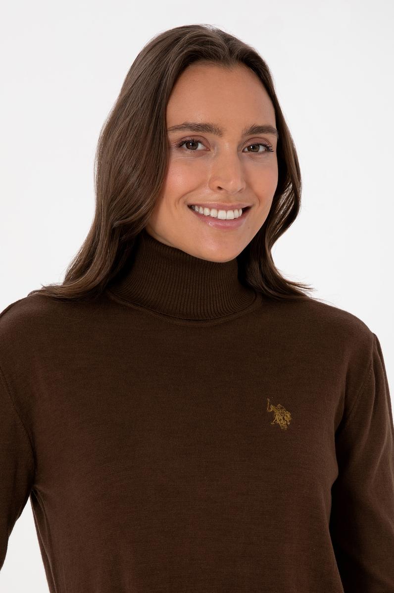 Kadın Kahverengi Boğazlı Basic Kazak