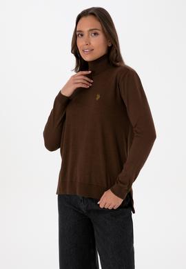 Kadın Kahverengi Boğazlı Basic Kazak - 50313621048