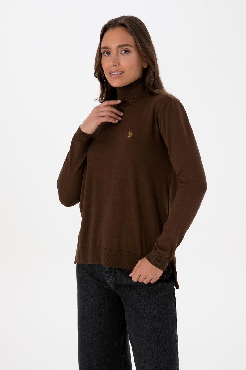 Kadın Kahverengi Boğazlı Basic Kazak