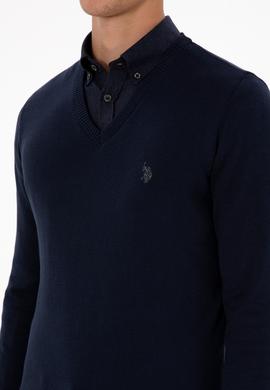 Erkek Slim Fit V Yaka Lacivert Basic Triko Kazak - 50313662008