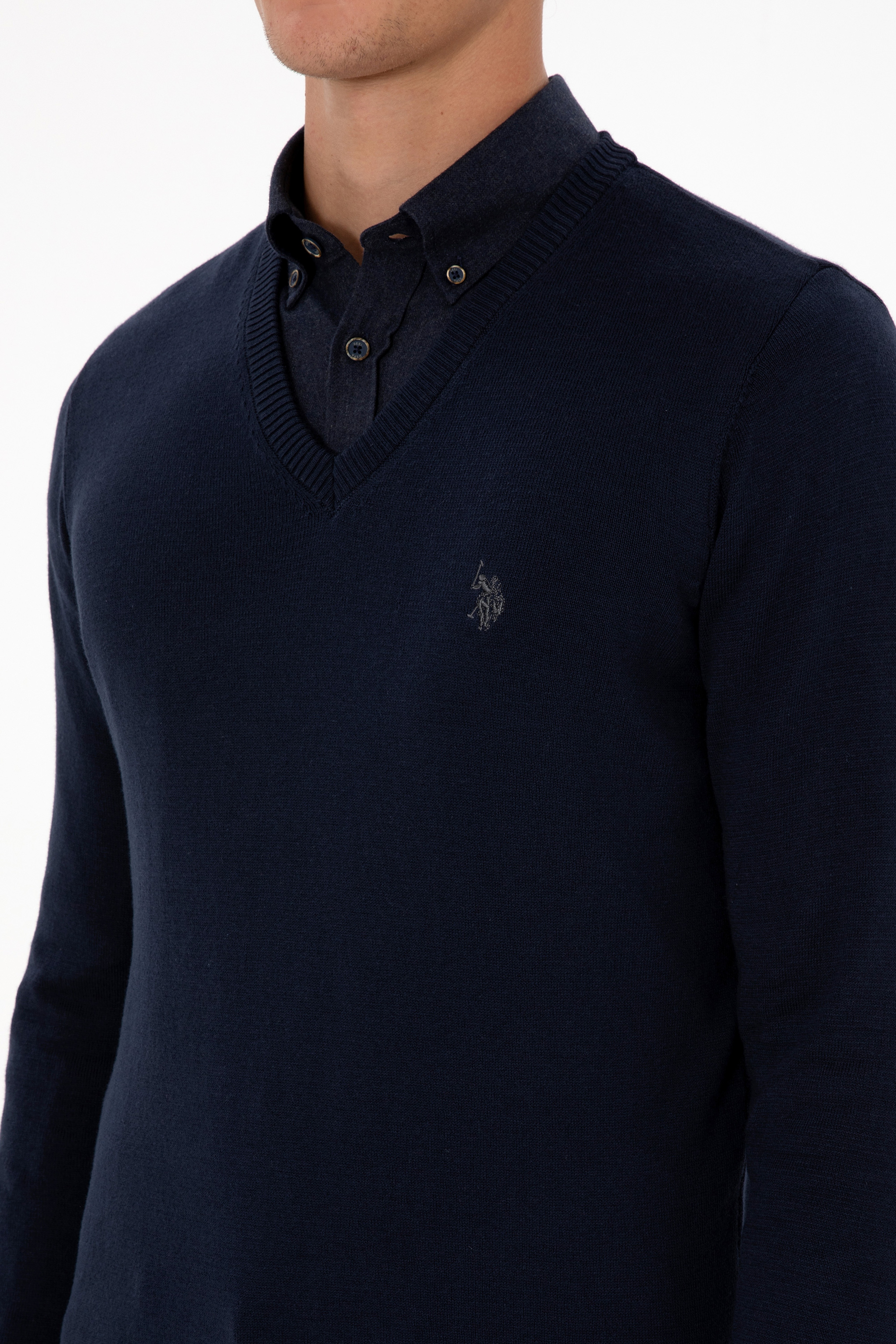 Erkek Slim Fit V Yaka Lacivert Basic Triko Kazak