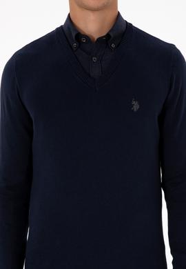 Erkek Slim Fit V Yaka Lacivert Basic Triko Kazak - 50313662008