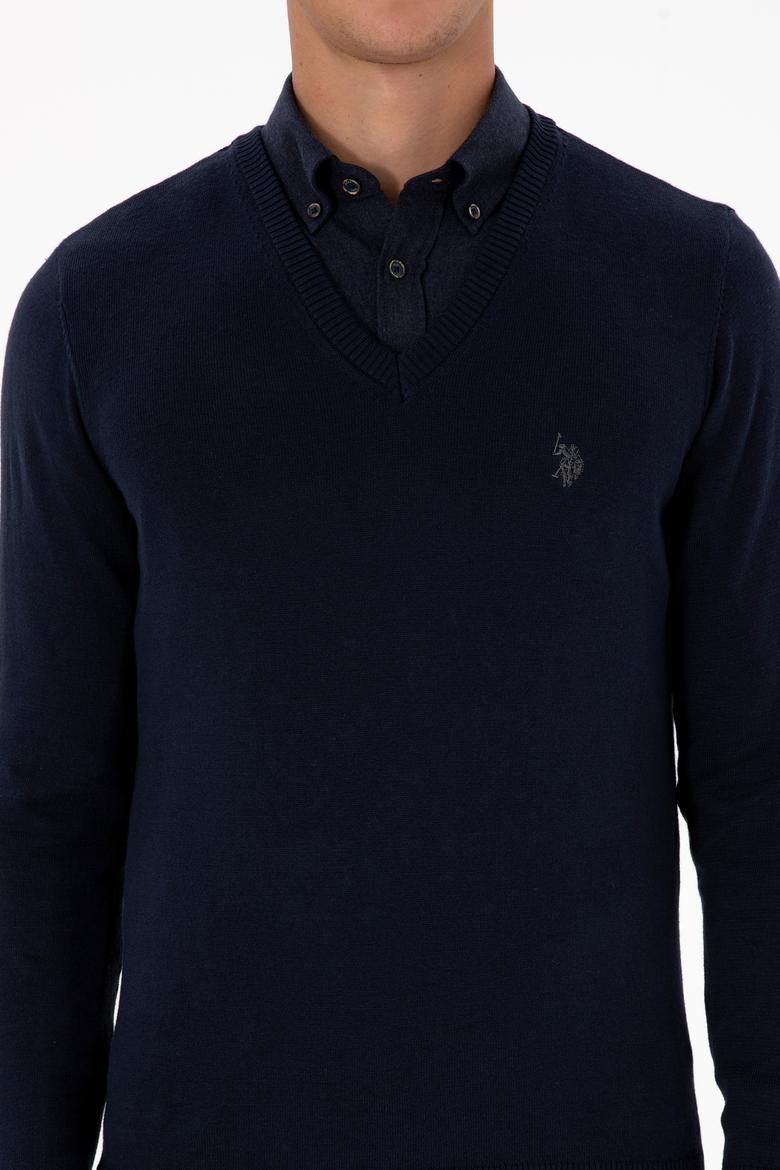 Erkek Slim Fit V Yaka Lacivert Basic Triko Kazak - 50313662008