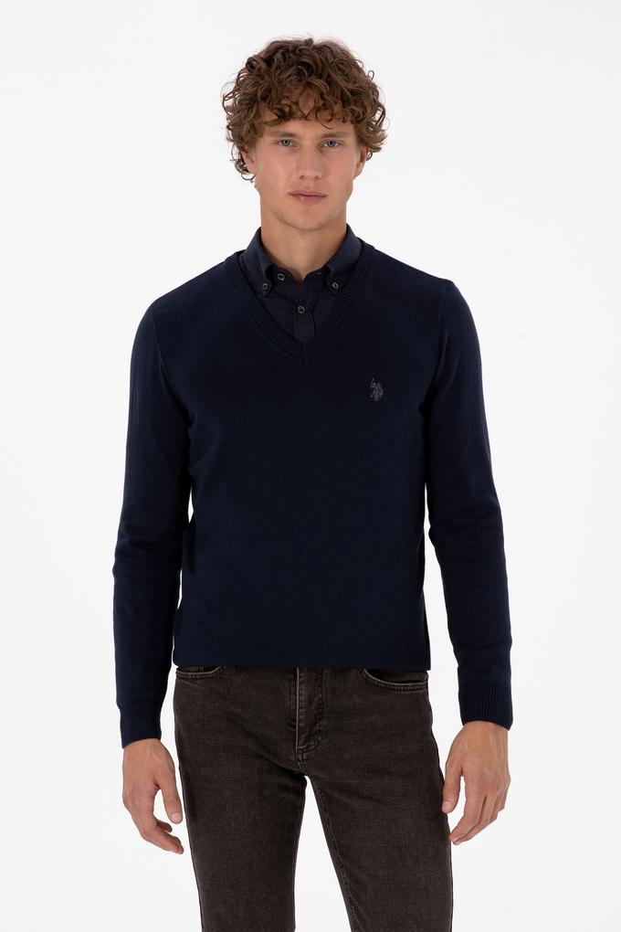 Erkek Slim Fit V Yaka Lacivert Basic Triko Kazak