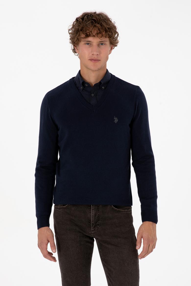 Erkek Slim Fit V Yaka Lacivert Basic Triko Kazak