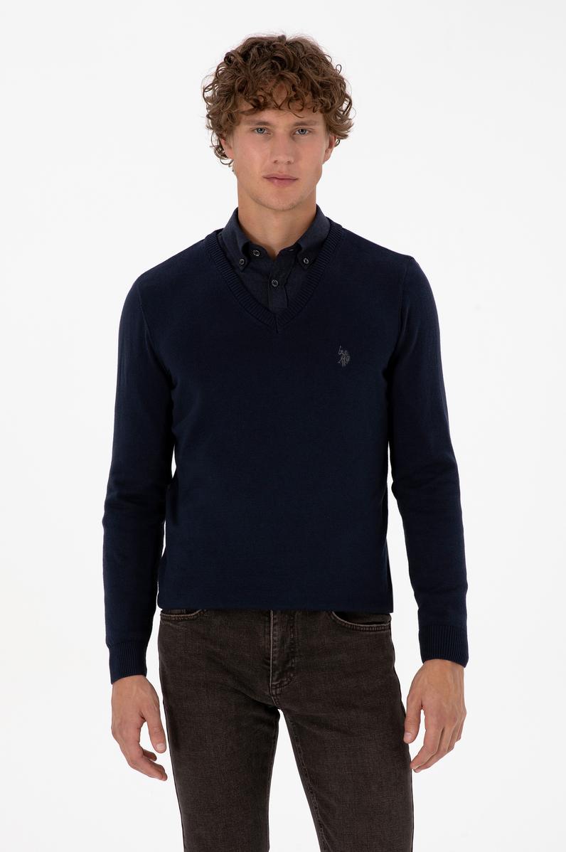 Erkek Slim Fit V Yaka Lacivert Basic Triko Kazak