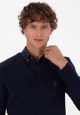 Erkek Slim Fit V Yaka Lacivert Basic Triko Kazak - 50313662008