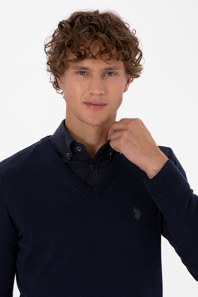 Erkek Slim Fit V Yaka Lacivert Basic Triko Kazak - 50313662008