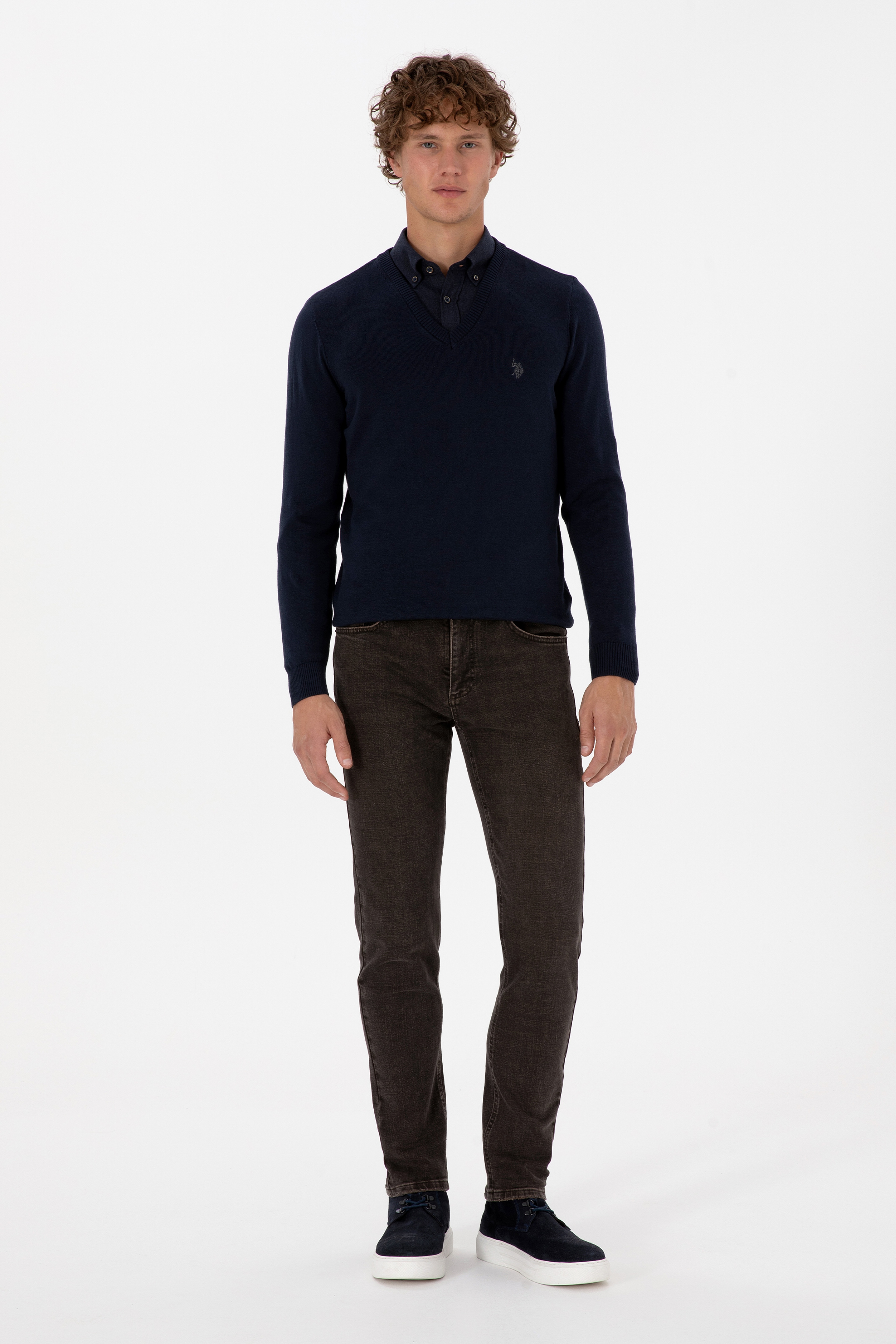 Erkek Slim Fit V Yaka Lacivert Basic Triko Kazak - Image 4